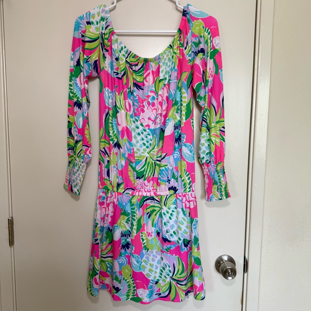 Lilly Pulitzer Lana Skirt Romper XS Pink Tropical Print Long Sleeve Mini Dress - Picture 10 of 14